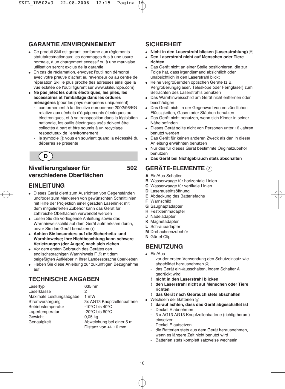 Garantie /environnement, Technische angaben, Sicherheit | Geräte-elemente 3, Benutzung | Skil 0502 AA User Manual | Page 10 / 52