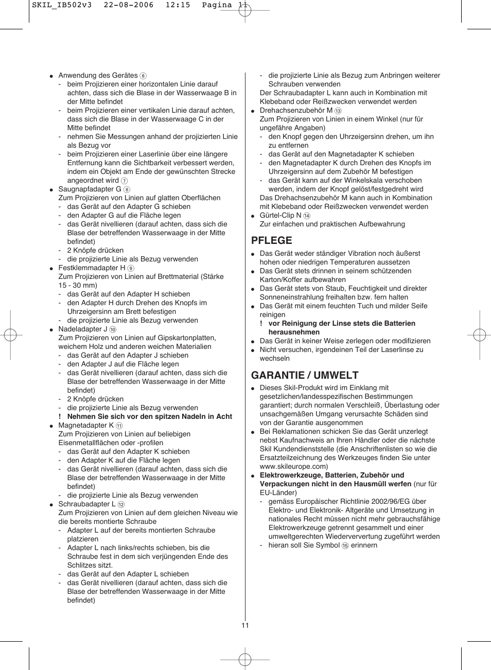Pflege, Garantie / umwelt | Skil 0502 AA User Manual | Page 11 / 52
