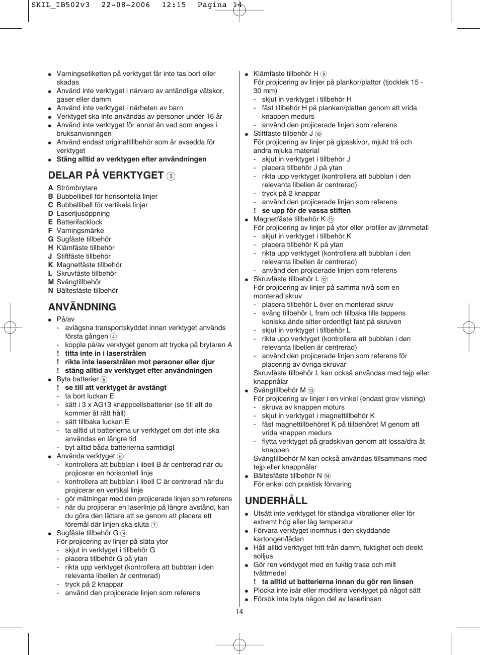 Delar på verktyget, Användning, Underhåll | Skil 0502 AA User Manual | Page 14 / 52