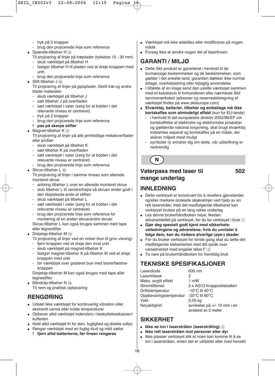 Rengøring, Garanti / miljø, Tekniske spesifikasjoner | Sikkerhet | Skil 0502 AA User Manual | Page 16 / 52