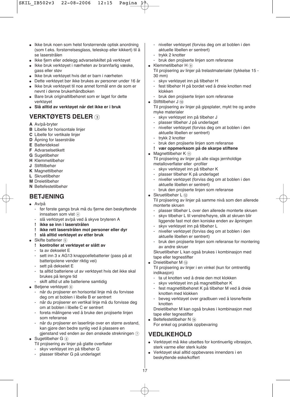 Verktøyets deler, Betjening, Vedlikehold | Skil 0502 AA User Manual | Page 17 / 52