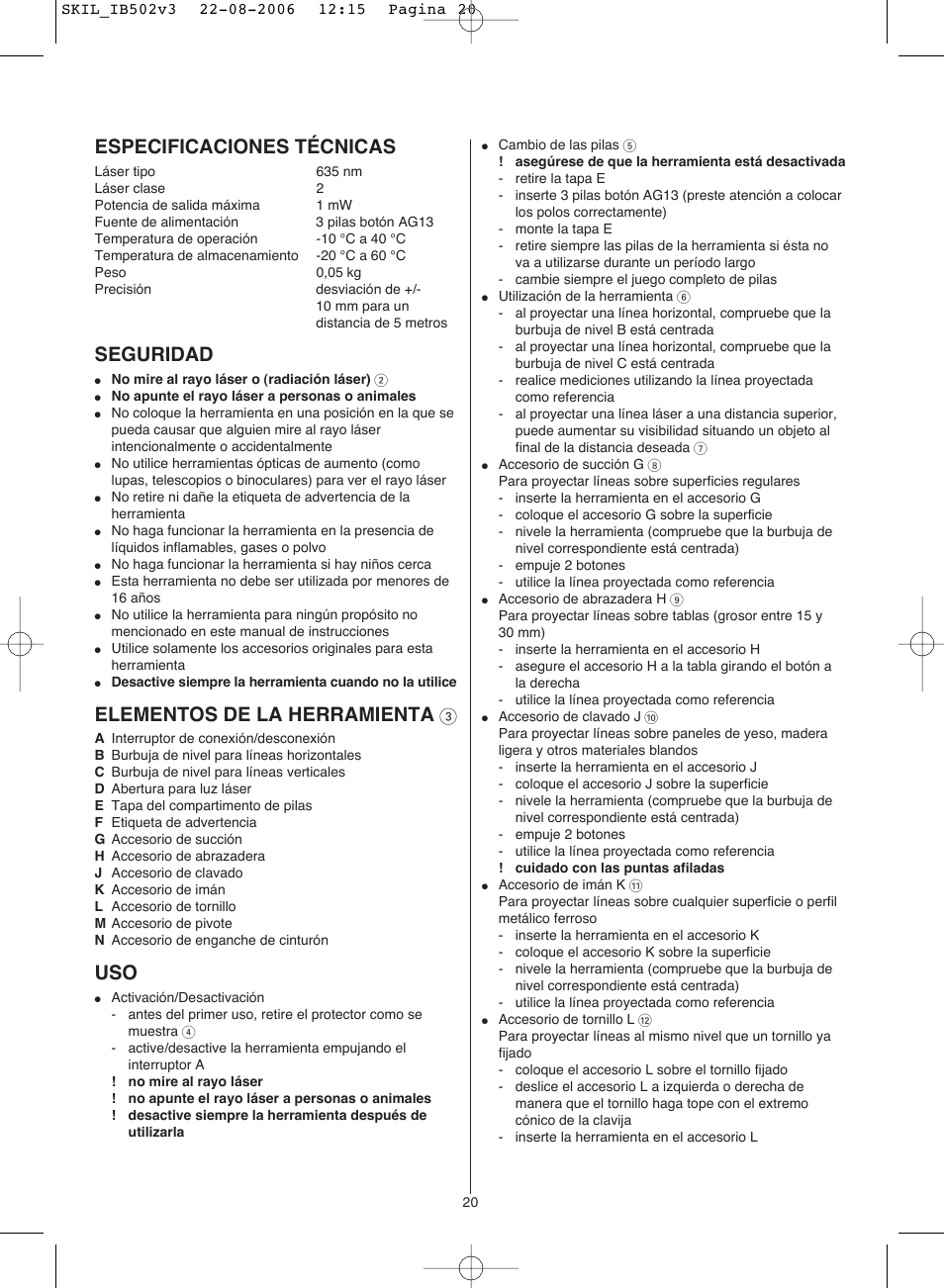Especificaciones técnicas, Seguridad, Elementos de la herramienta | Skil 0502 AA User Manual | Page 20 / 52