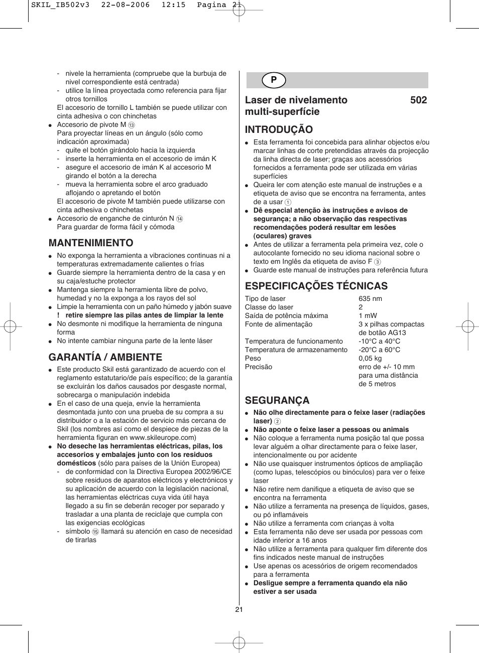 Mantenimiento, Garantía / ambiente, Especificações técnicas | Segurança | Skil 0502 AA User Manual | Page 21 / 52