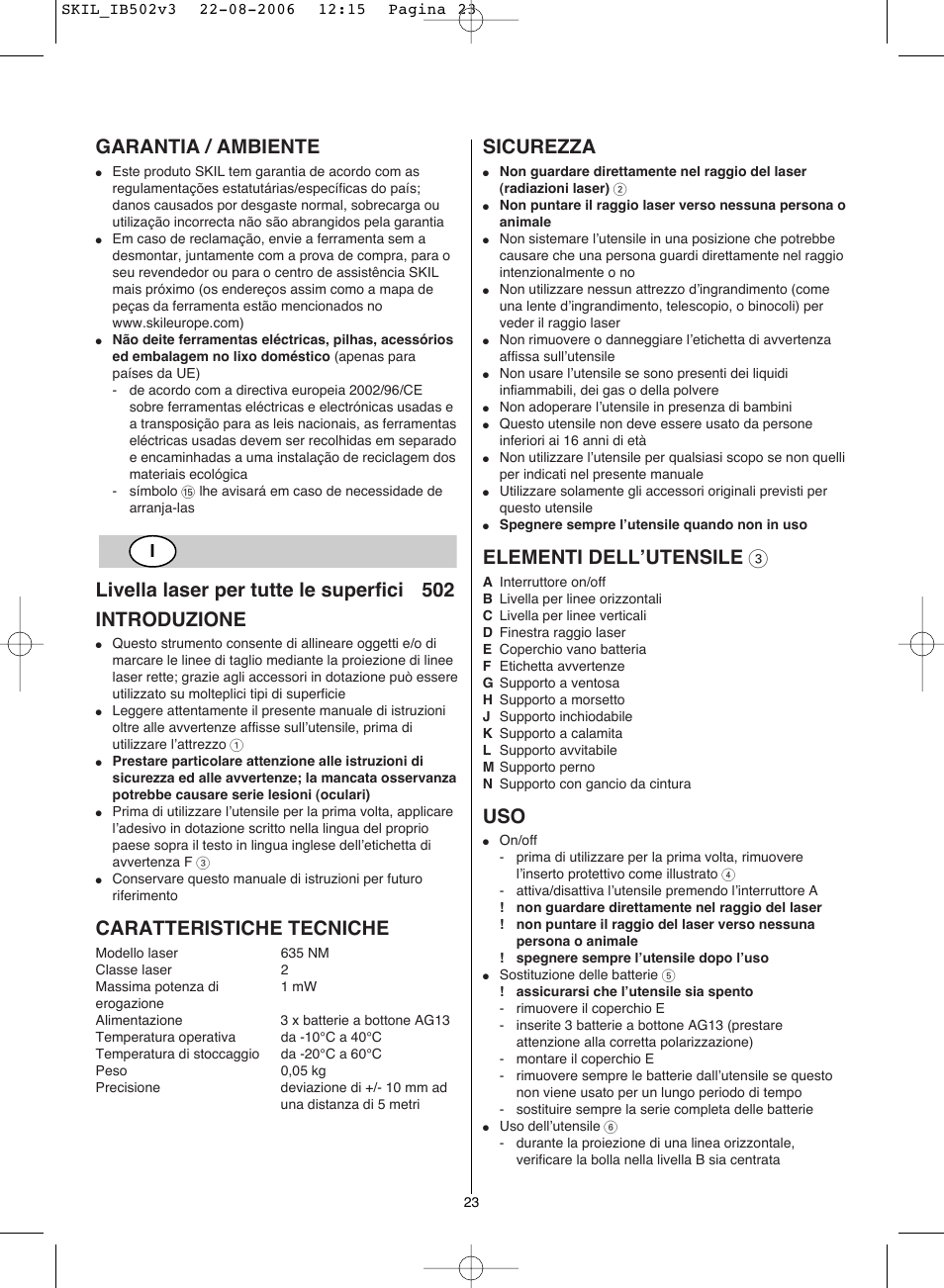 Garantia / ambiente, Caratteristiche tecniche, Sicurezza | Elementi dell’utensile 3 | Skil 0502 AA User Manual | Page 23 / 52