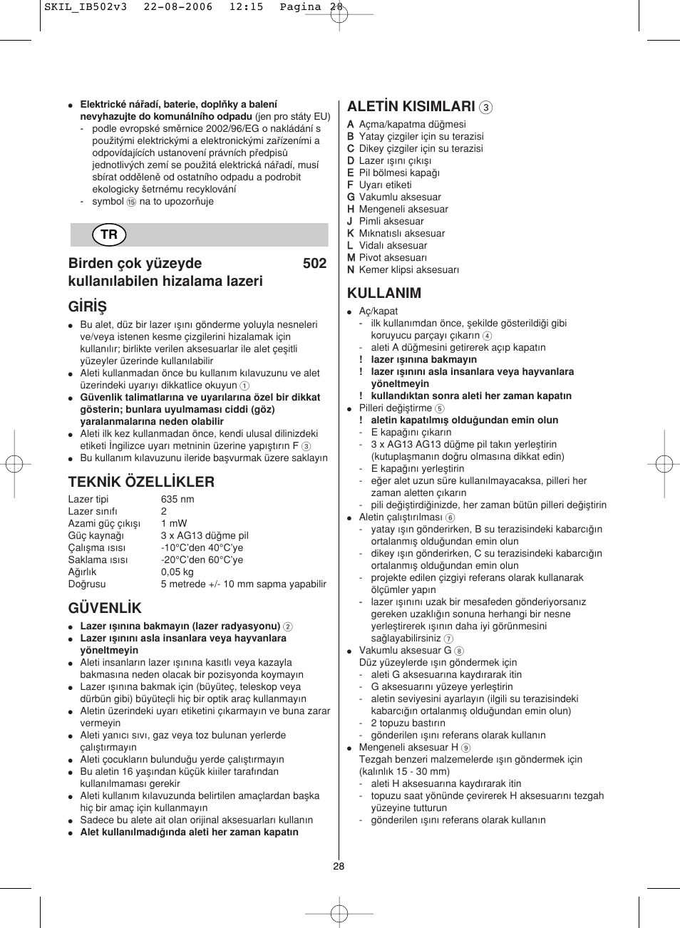 Tekn‹k özell‹kler, Güvenl‹k, Alet‹n kisimlari 3 | Kullanim | Skil 0502 AA User Manual | Page 28 / 52