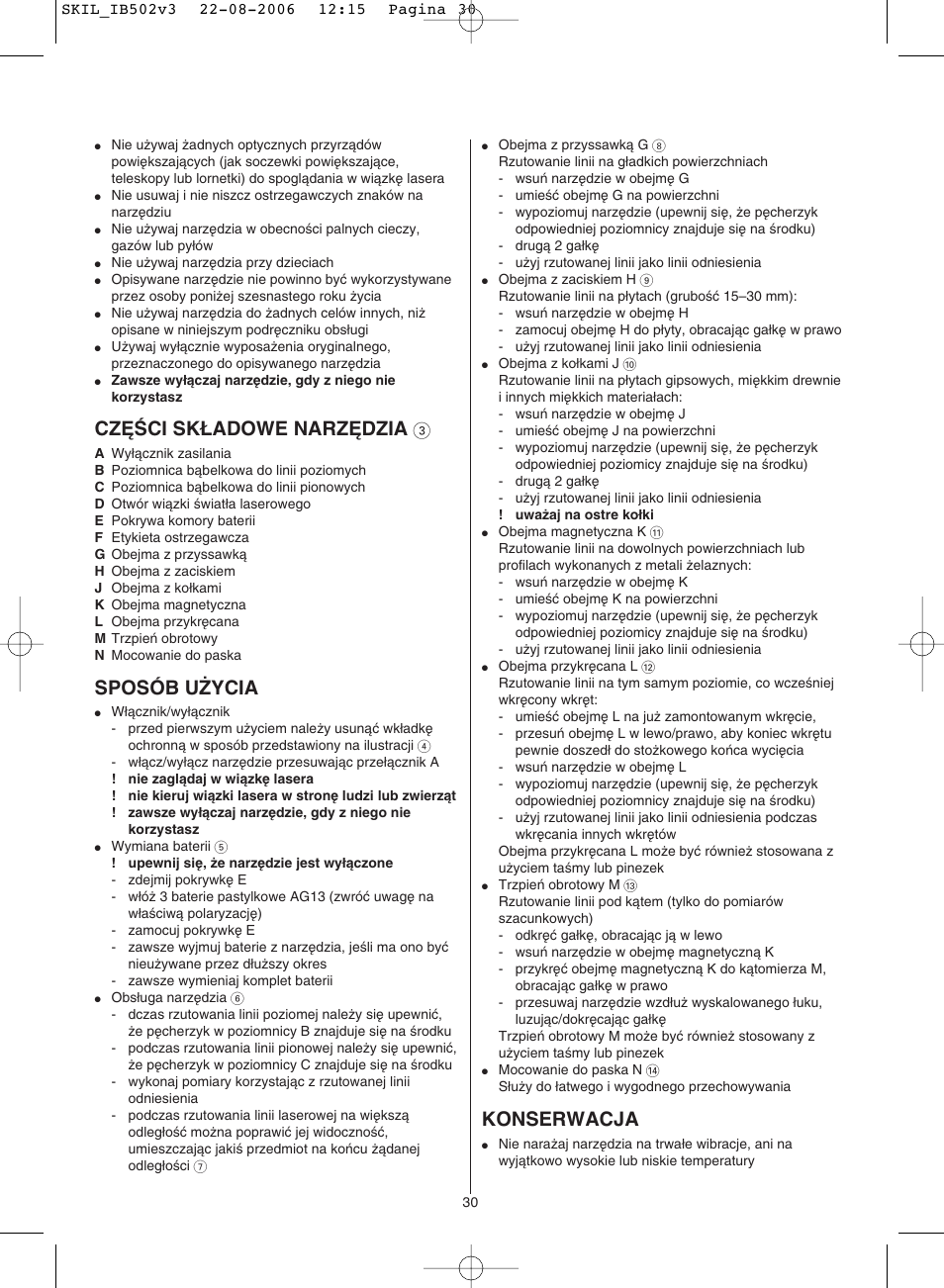 Cz¢âci sk¸adowe narz¢dzia, Sposób u˚ycia, Konserwacja | Skil 0502 AA User Manual | Page 30 / 52