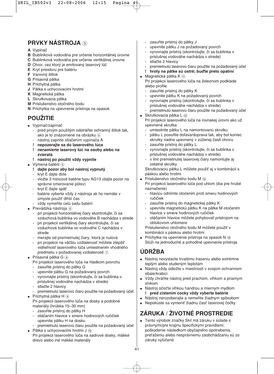 Prvky nástroja, Pouˇitie, Údrˇba | Záruka / ˇivotné prostredie | Skil 0502 AA User Manual | Page 41 / 52