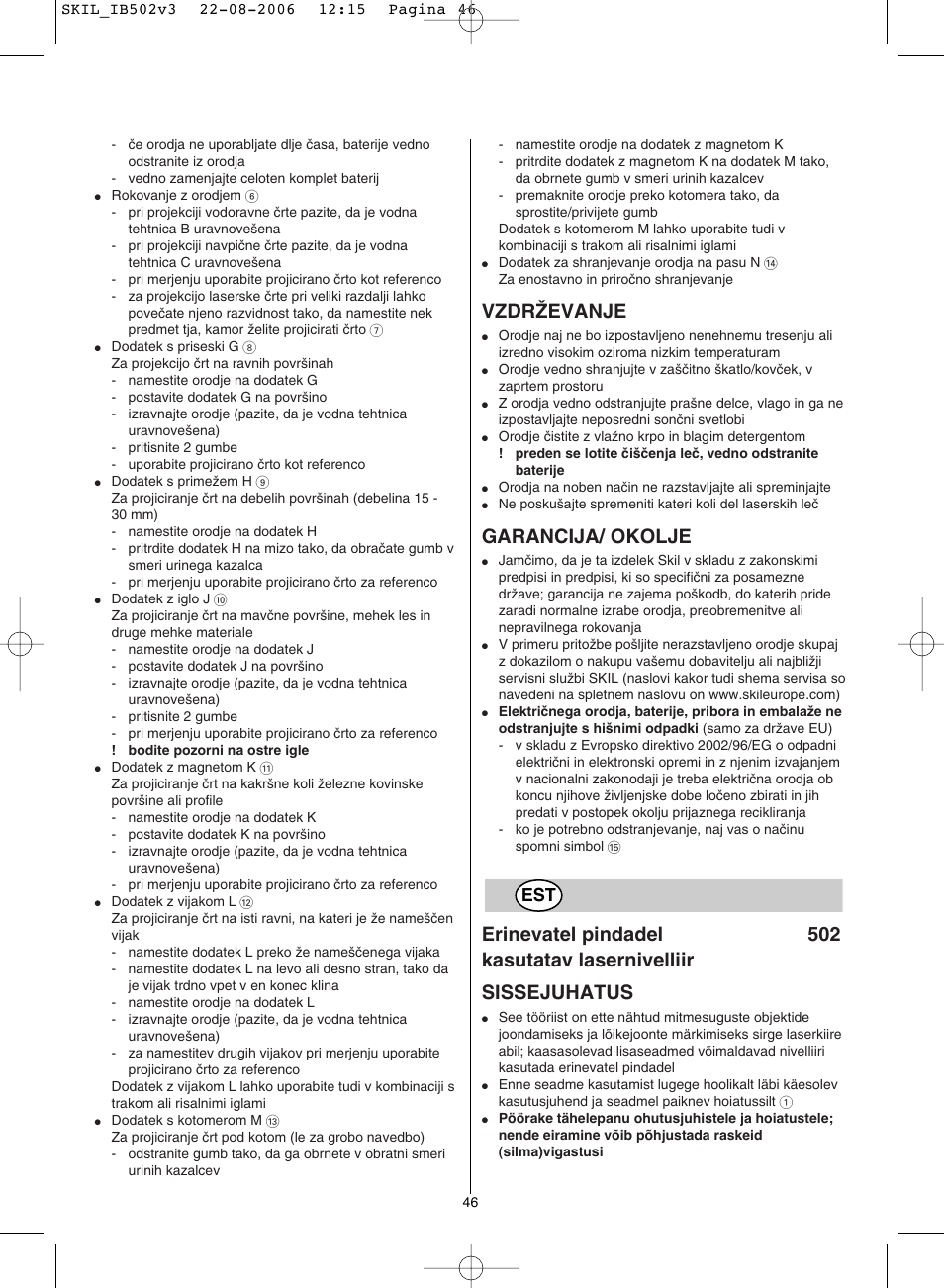 Vzdrîevanje, Garancija/ okolje | Skil 0502 AA User Manual | Page 46 / 52