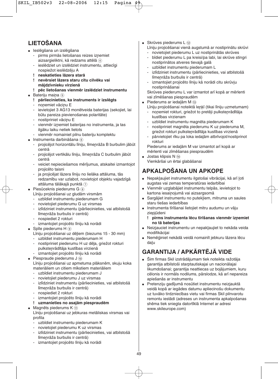 Lieto·ana, Apkalpo·ana un apkope, Garantija / apkårtîjå vide | Skil 0502 AA User Manual | Page 49 / 52