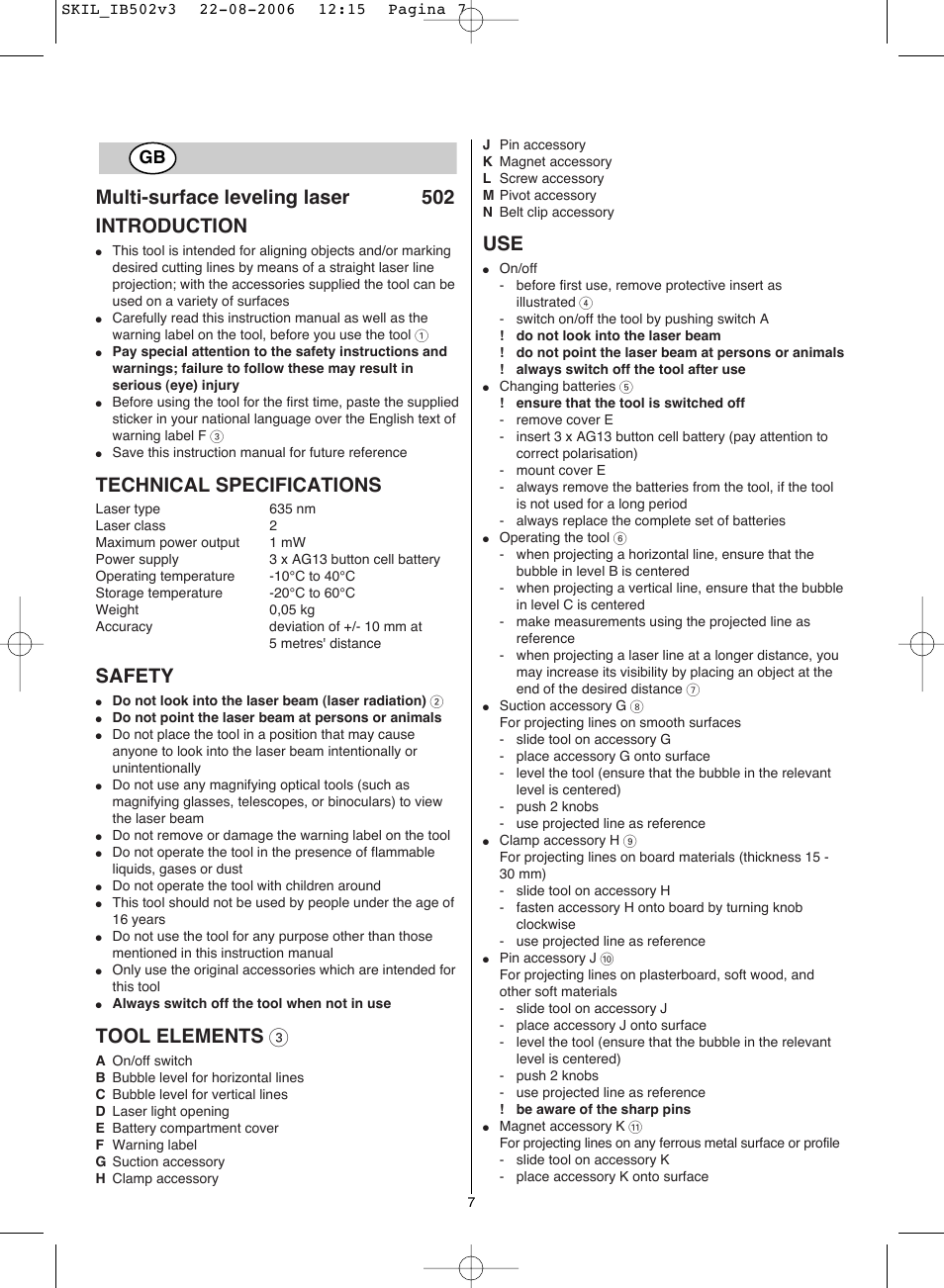 Multi-surface leveling laser 502 introduction, Technical specifications, Safety | Tool elements 3 | Skil 0502 AA User Manual | Page 7 / 52