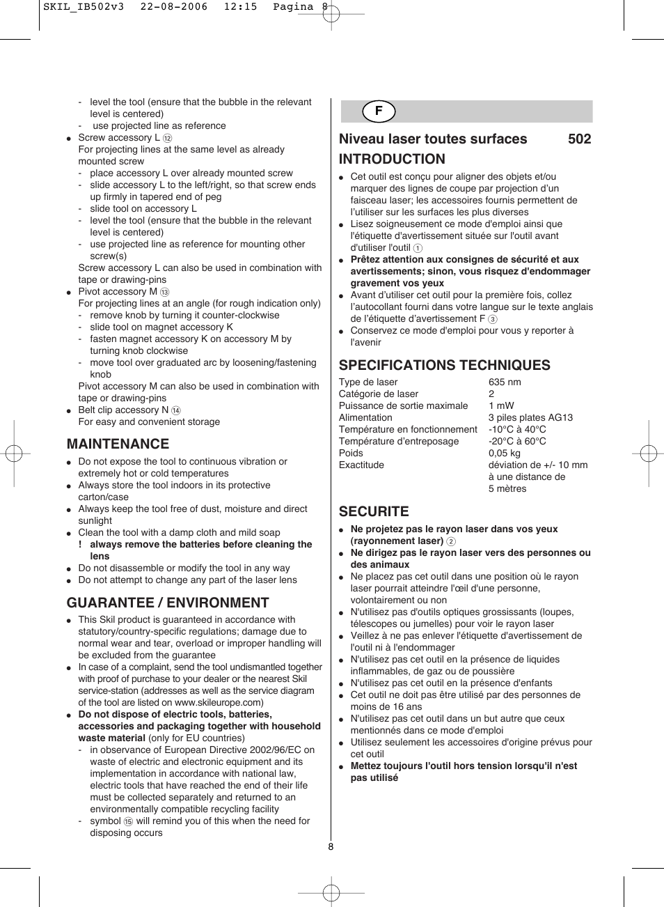 Maintenance, Guarantee / environment, Niveau laser toutes surfaces 502 introduction | Specifications techniques, Securite | Skil 0502 AA User Manual | Page 8 / 52