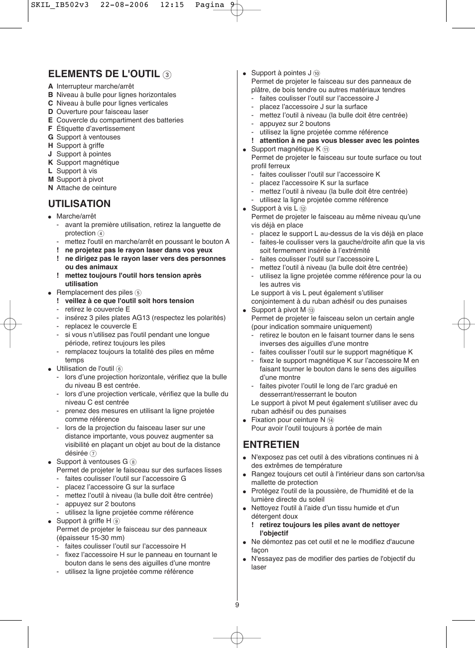 Elements de l'outil, Utilisation, Entretien | Skil 0502 AA User Manual | Page 9 / 52