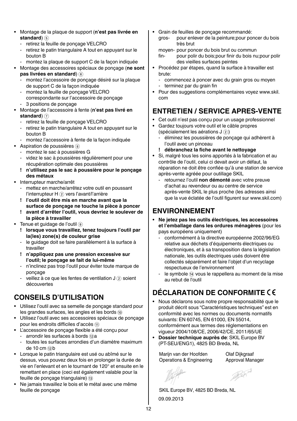Conseils d’utilisation, Entretien / service apres-vente, Environnement | Déclaration de conformite | Skil 7207 AK (Octo) User Manual | Page 12 / 112