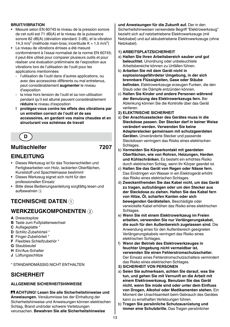 Multischleifer 7207 einleitung, Technische daten 1 werkzeugkomponenten 2, Sicherheit | Skil 7207 AK (Octo) User Manual | Page 13 / 112