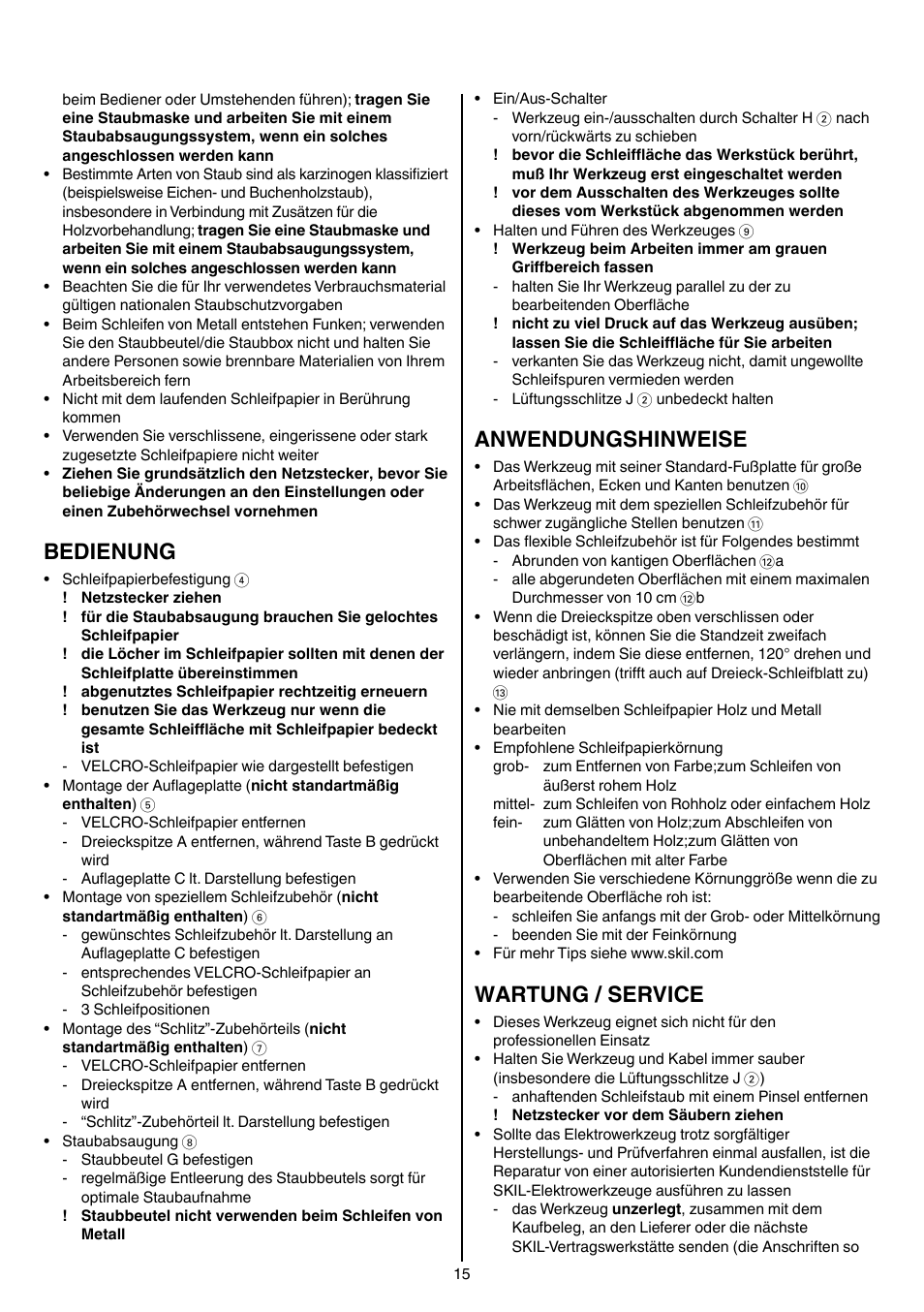 Bedienung, Anwendungshinweise, Wartung / service | Skil 7207 AK (Octo) User Manual | Page 15 / 112