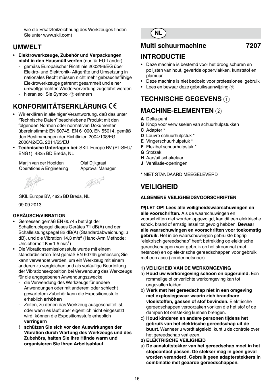 Umwelt, Konformitätserklärung, Multi schuurmachine 7207 introductie | Technische gegevens 1 machine-elementen 2, Veiligheid | Skil 7207 AK (Octo) User Manual | Page 16 / 112