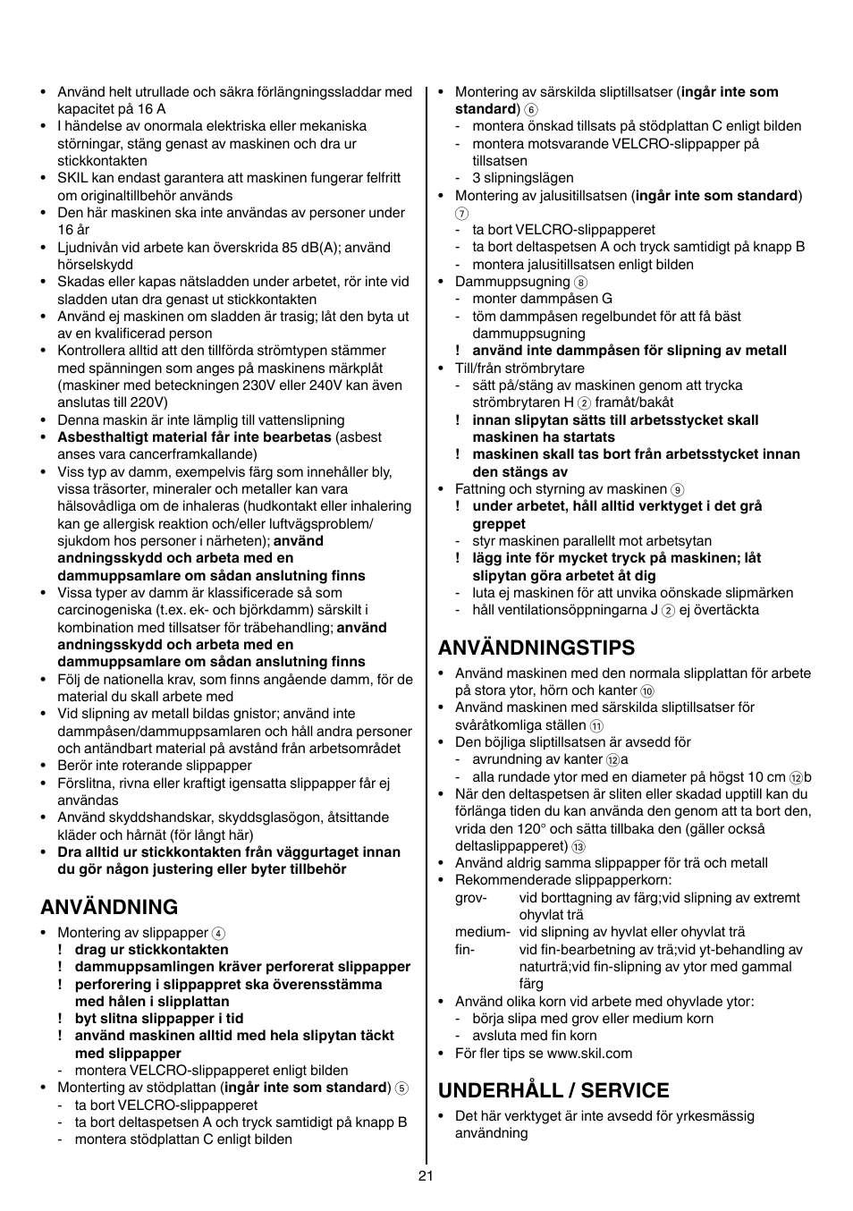 Användning, Användningstips, Underhåll / service | Skil 7207 AK (Octo) User Manual | Page 21 / 112