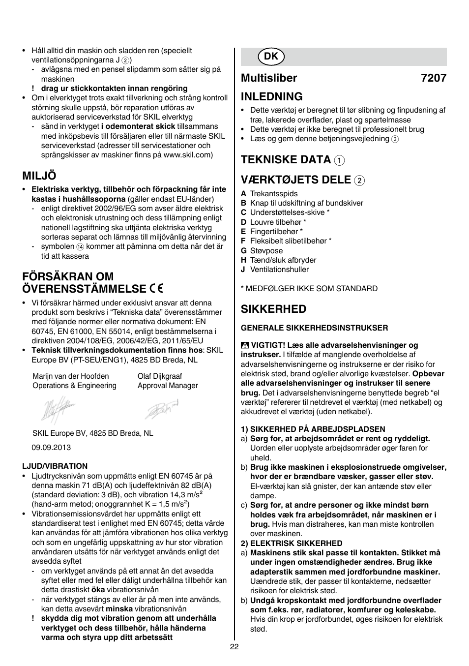 Miljö, Försäkran om överensstämmelse, Multisliber 7207 inledning | Tekniske data 1 værktøjets dele 2, Sikkerhed | Skil 7207 AK (Octo) User Manual | Page 22 / 112
