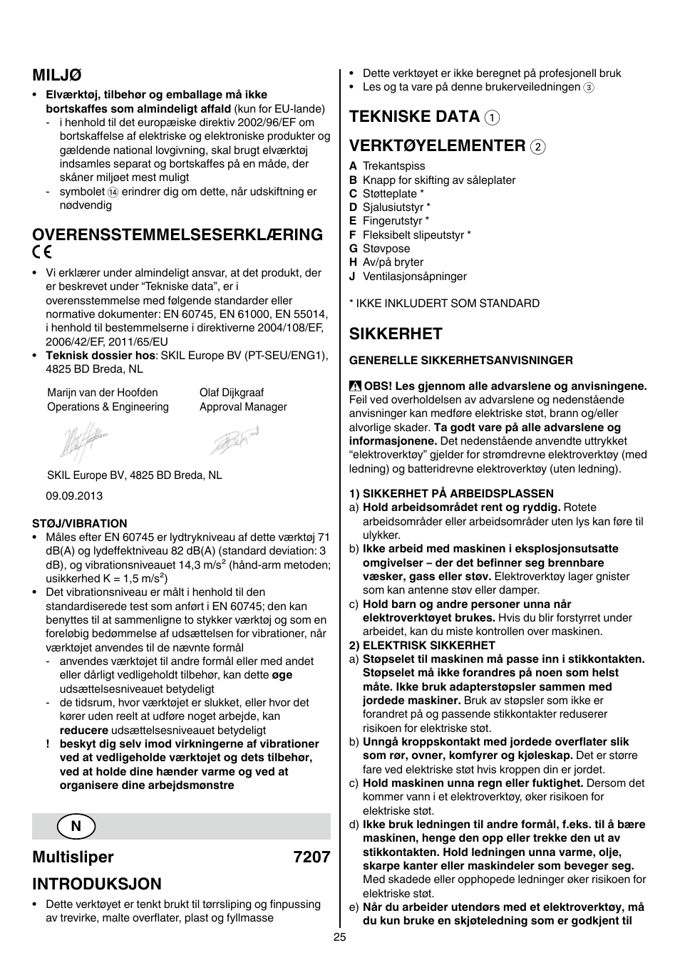Miljø, Overensstemmelseserklæring, Multisliper 7207 introduksjon | Tekniske data 1 verktøyelementer 2, Sikkerhet | Skil 7207 AK (Octo) User Manual | Page 25 / 112
