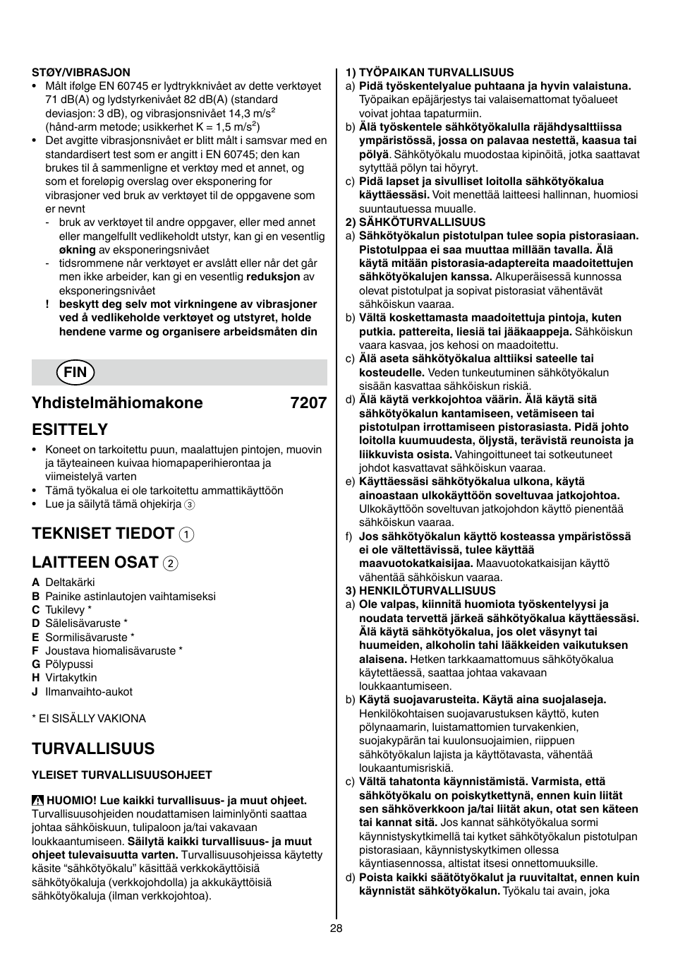 Yhdistelmähiomakone 7207 esittely, Tekniset tiedot 1 laitteen osat 2, Turvallisuus | Skil 7207 AK (Octo) User Manual | Page 28 / 112