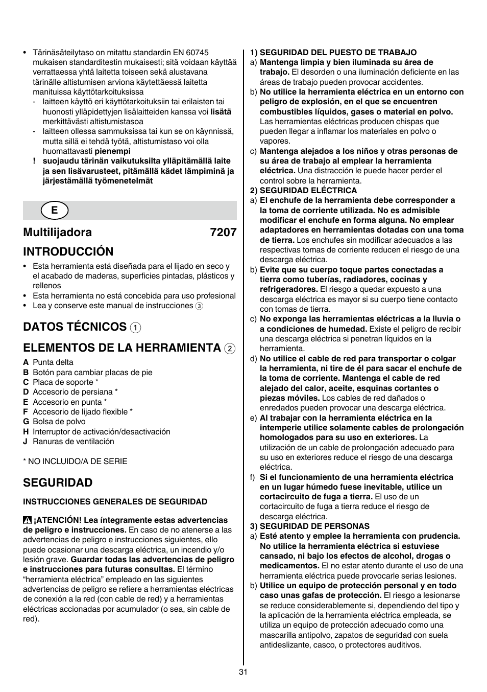 Multilijadora 7207 introducción, Datos técnicos 1 elementos de la herramienta 2, Seguridad | Skil 7207 AK (Octo) User Manual | Page 31 / 112