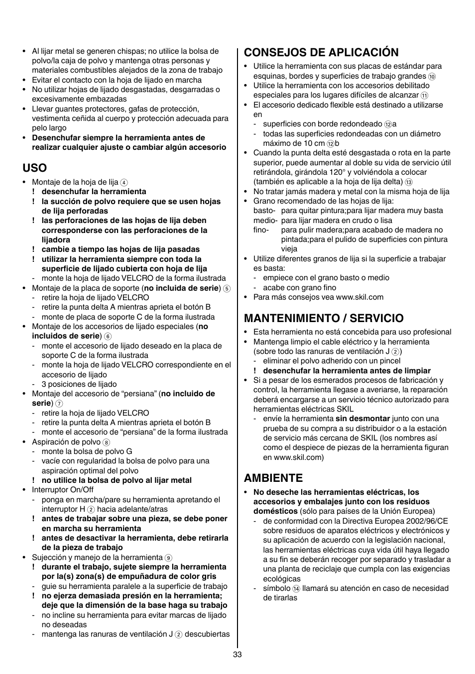 Consejos de aplicación, Mantenimiento / servicio, Ambiente | Skil 7207 AK (Octo) User Manual | Page 33 / 112