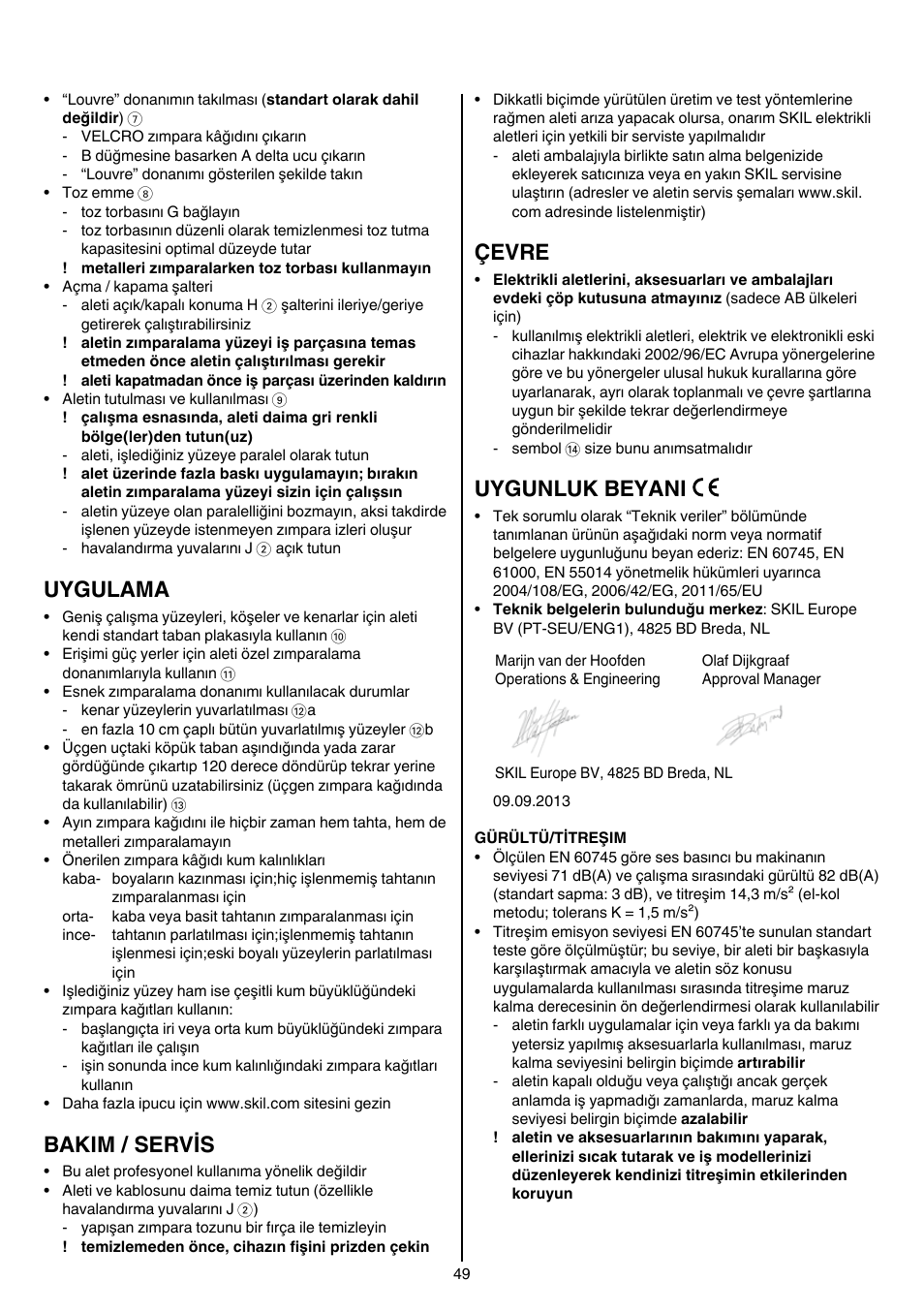 Uygulama, Bakim / servis, Çevre | Uygunluk beyani | Skil 7207 AK (Octo) User Manual | Page 49 / 112