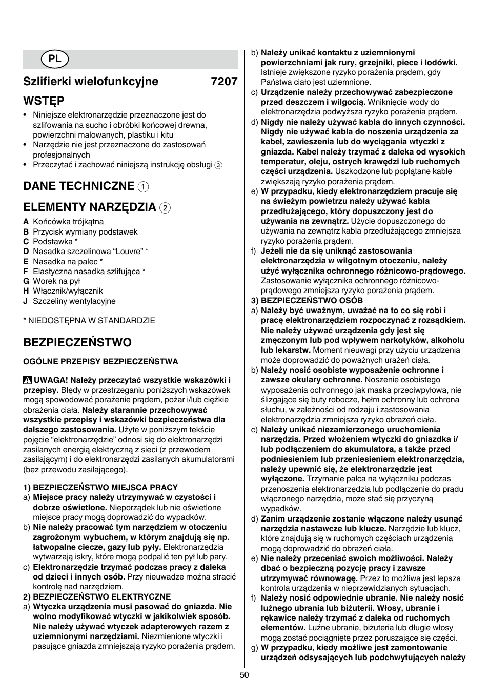 Szlifierki wielofunkcyjne 7207 wstęp, Dane techniczne 1 elementy narzędzia 2, Bezpieczeństwo | Skil 7207 AK (Octo) User Manual | Page 50 / 112