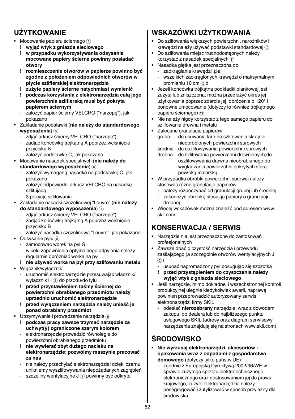 Użytkowanie, Wskazówki użytkowania, Konserwacja / serwis | Środowisko | Skil 7207 AK (Octo) User Manual | Page 52 / 112