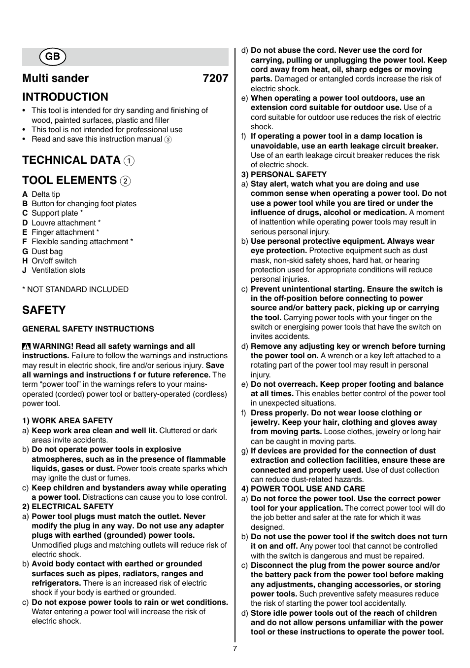 Multi sander 7207 introduction, Technical data 1 tool elements 2, Safety | Skil 7207 AK (Octo) User Manual | Page 7 / 112