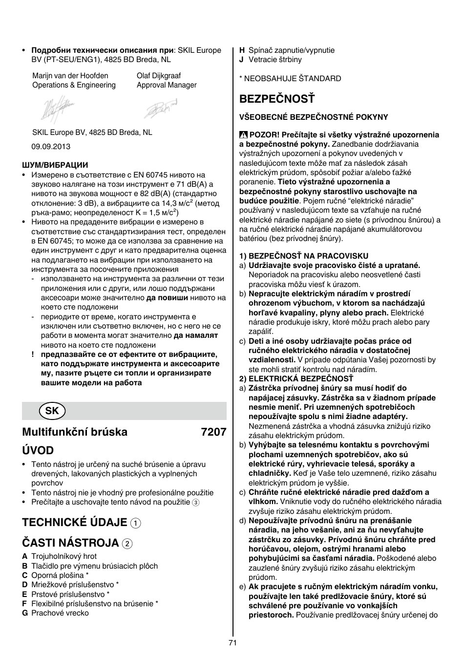 Multifunkční brúska 7207 úvod, Technické údaje 1 časti nástroja 2, Bezpečnosť | Skil 7207 AK (Octo) User Manual | Page 71 / 112