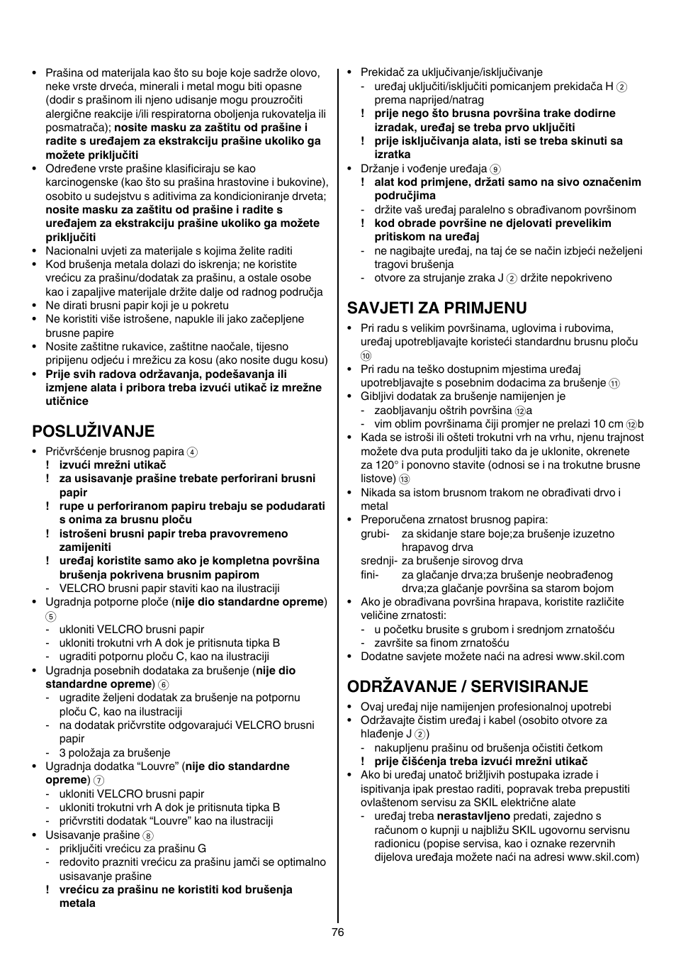 Posluživanje, Savjeti za primjenu, Održavanje / servisiranje | Skil 7207 AK (Octo) User Manual | Page 76 / 112