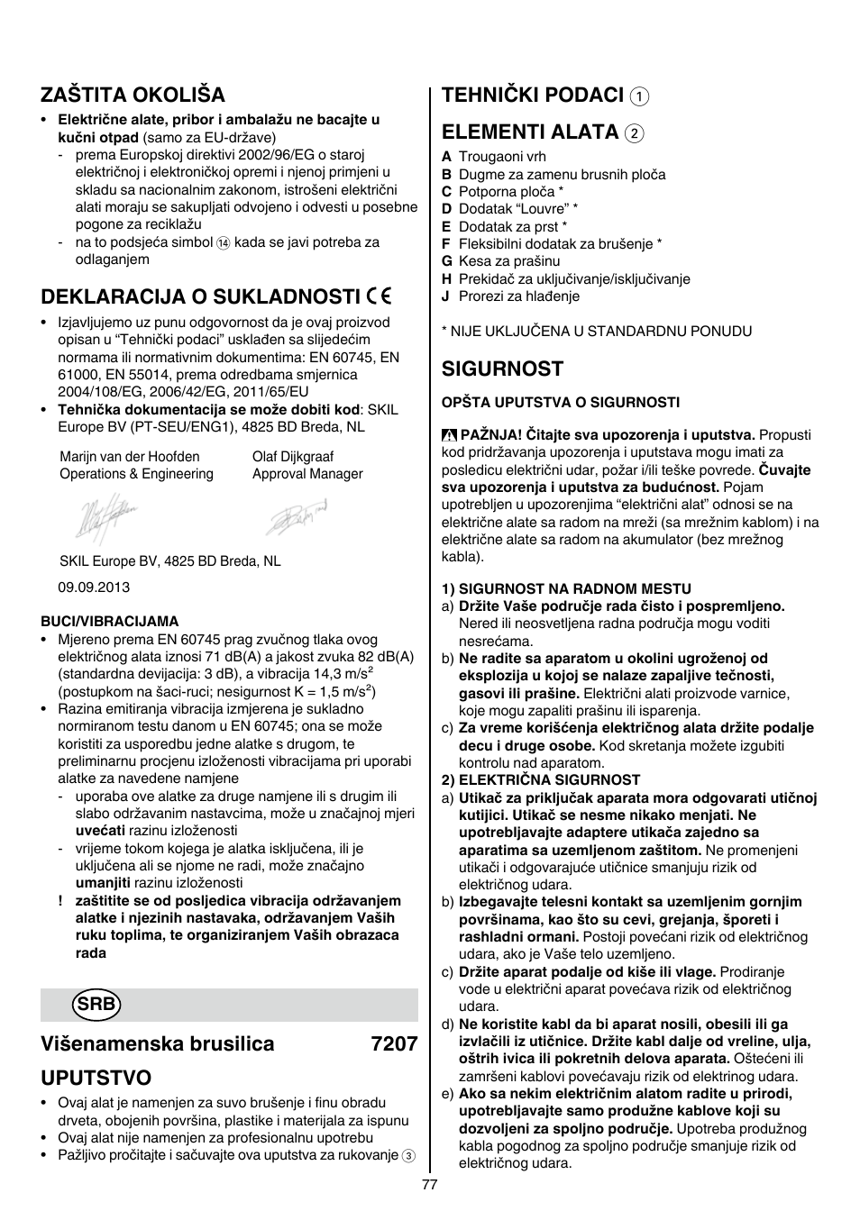 Zaštita okoliša, Deklaracija o sukladnosti, Višenamenska brusilica 7207 uputstvo | Tehnički podaci 1 elementi alata 2, Sigurnost | Skil 7207 AK (Octo) User Manual | Page 77 / 112