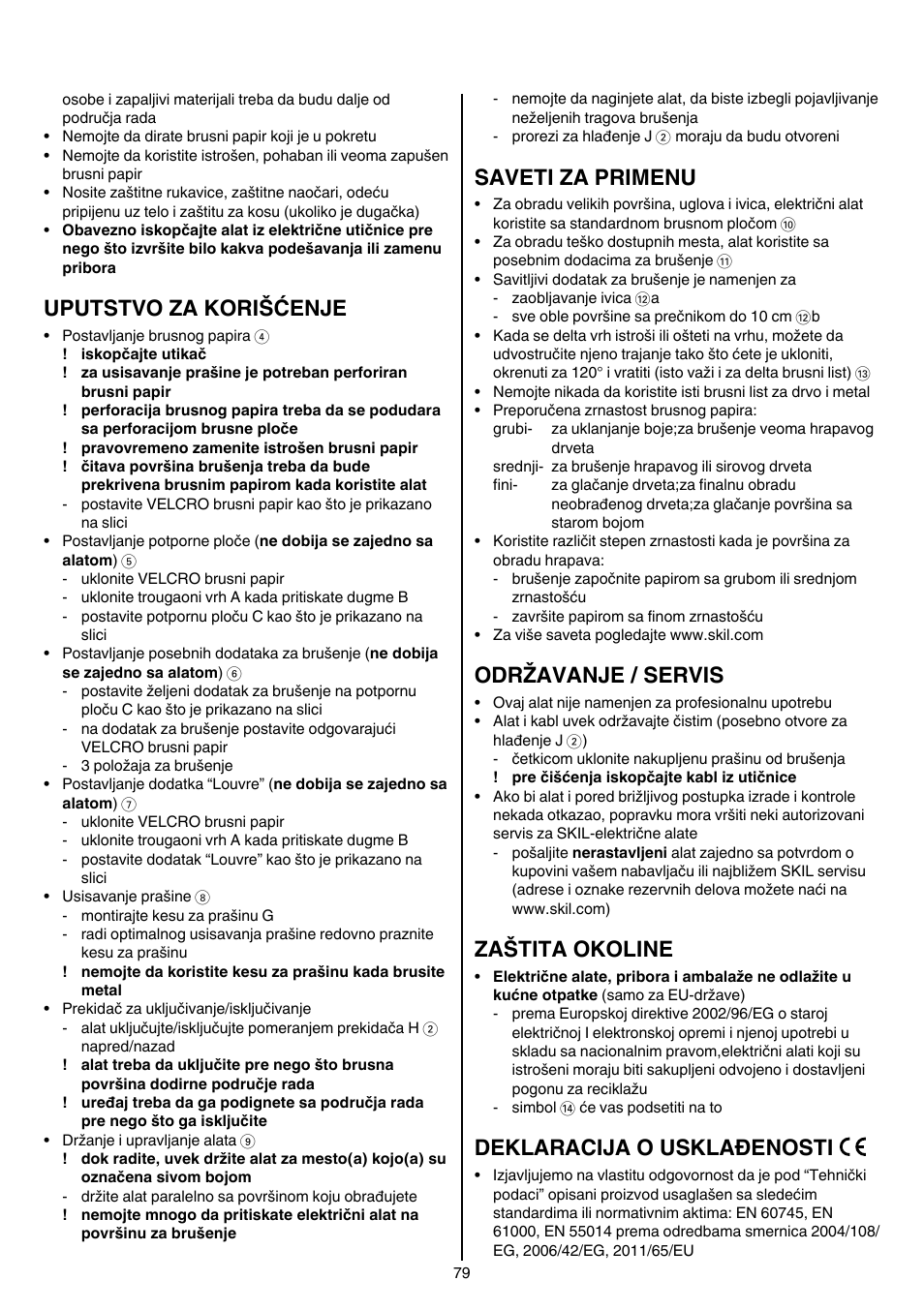 Uputstvo za korišćenje, Saveti za primenu, Održavanje / servis | Zaštita okoline, Deklaracija o usklađenosti | Skil 7207 AK (Octo) User Manual | Page 79 / 112