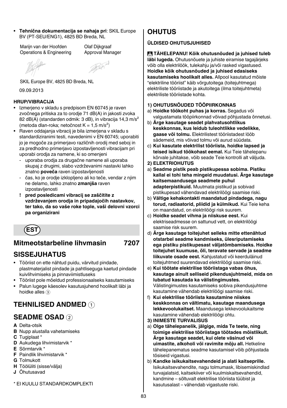 Mitmeotstarbeline lihvmasin 7207 sissejuhatus, Tehnilised andmed 1 seadme osad 2, Ohutus | Skil 7207 AK (Octo) User Manual | Page 83 / 112