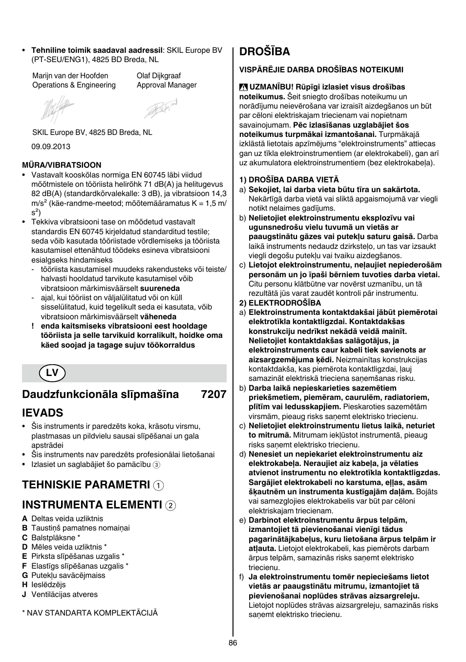 Daudzfunkcionāla slīpmašīna 7207 ievads, Tehniskie parametri 1 instrumenta elementi 2, Drošība | Skil 7207 AK (Octo) User Manual | Page 86 / 112