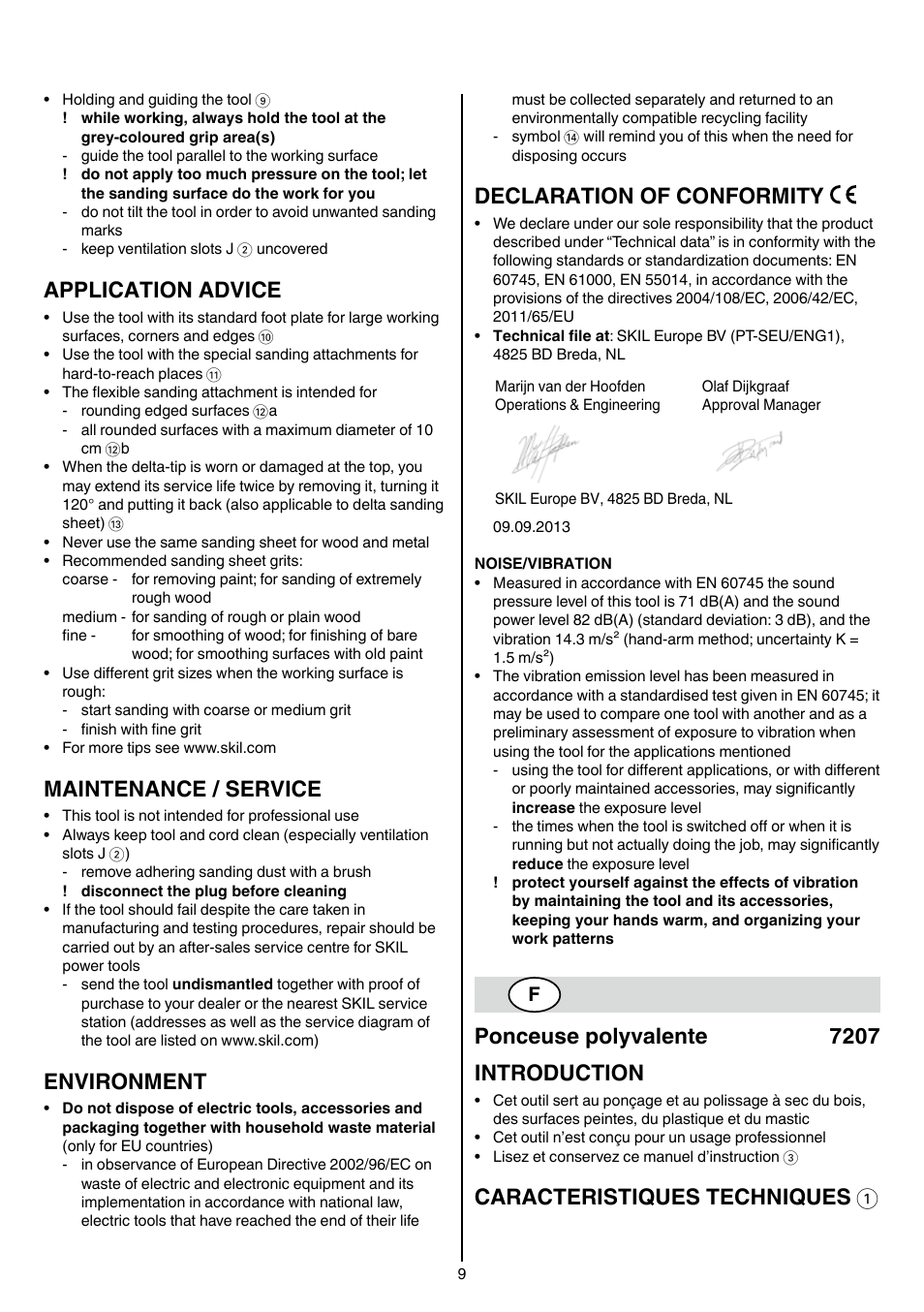 Application advice, Maintenance / service, Environment | Declaration of conformity, Ponceuse polyvalente 7207 introduction, Caracteristiques techniques 1 | Skil 7207 AK (Octo) User Manual | Page 9 / 112
