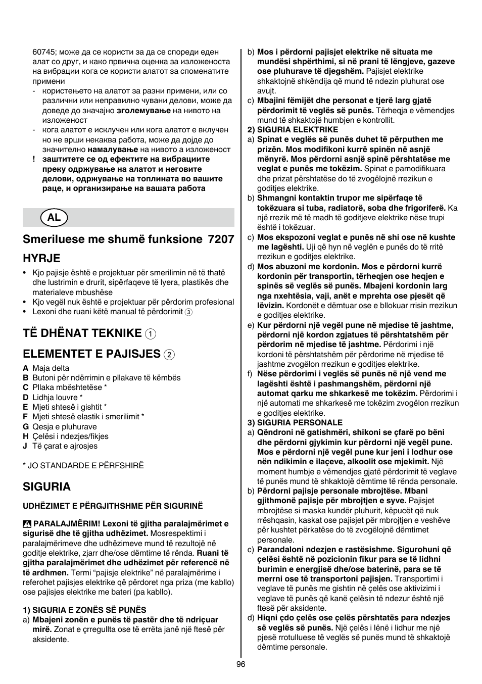 Smeriluese me shumë funksione 7207 hyrje, Të dhënat teknike 1 elementet e pajisjes 2, Siguria | Skil 7207 AK (Octo) User Manual | Page 96 / 112