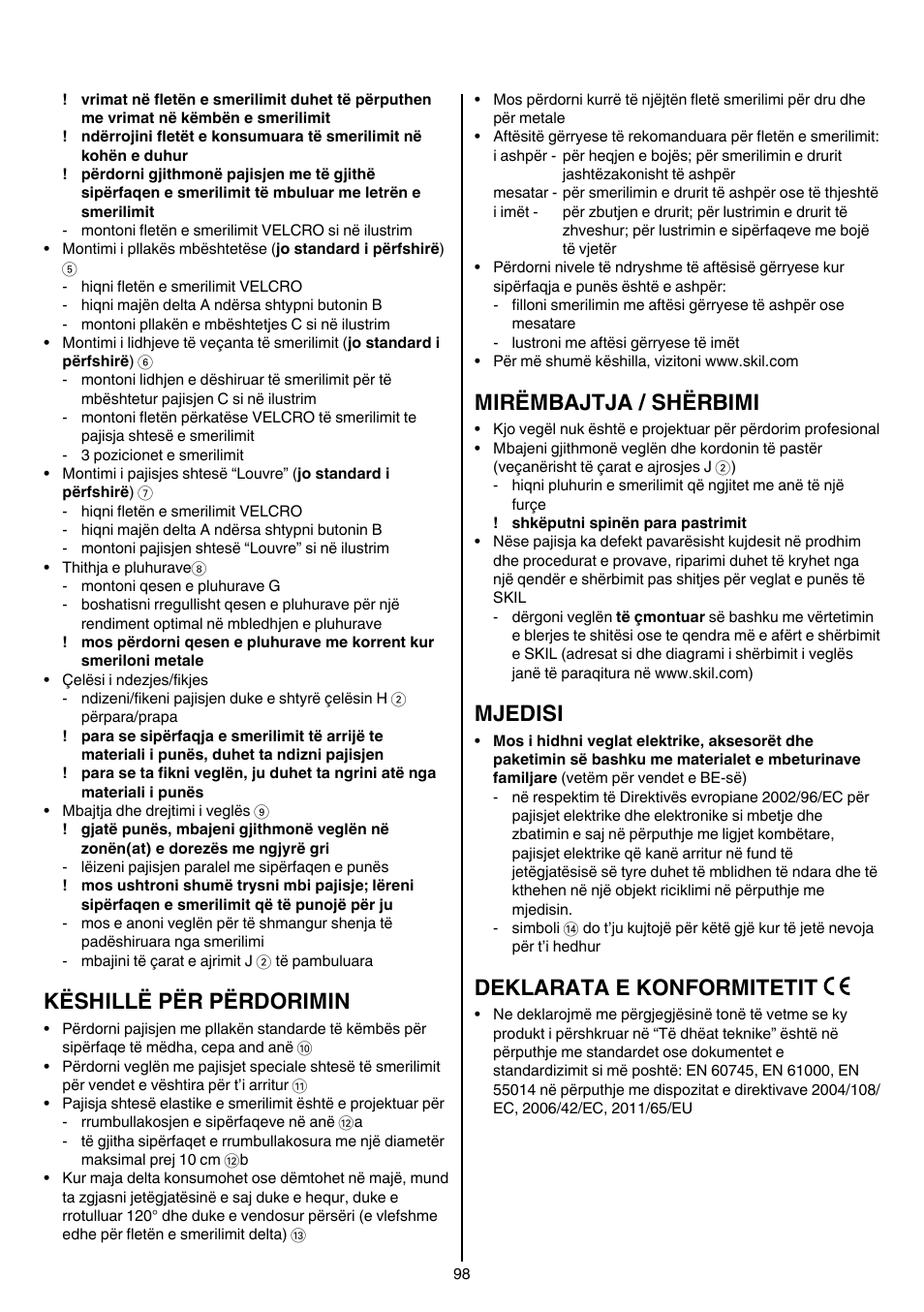 Këshillë për përdorimin, Mirëmbajtja / shërbimi, Mjedisi | Deklarata e konformitetit | Skil 7207 AK (Octo) User Manual | Page 98 / 112