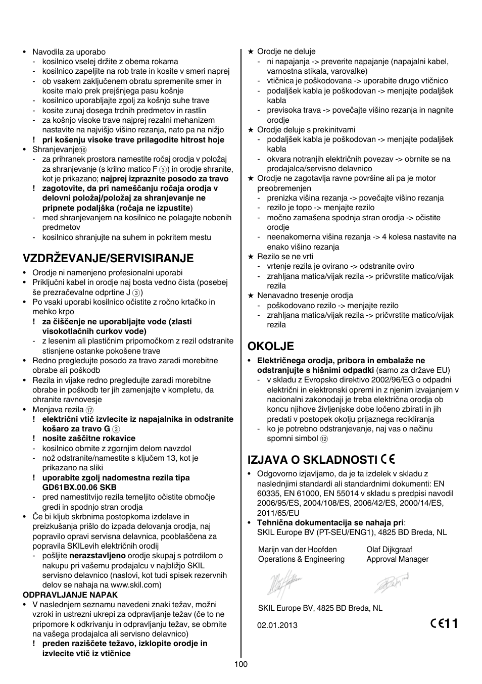 Vzdrževanje/servisiranje, Okolje, Izjava o skladnosti | Skil 0705 RA User Manual | Page 100 / 132