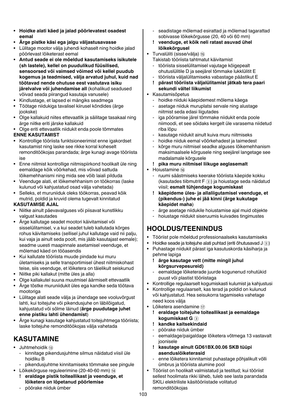 Kasutamine, Hooldus/teenindus | Skil 0705 RA User Manual | Page 103 / 132