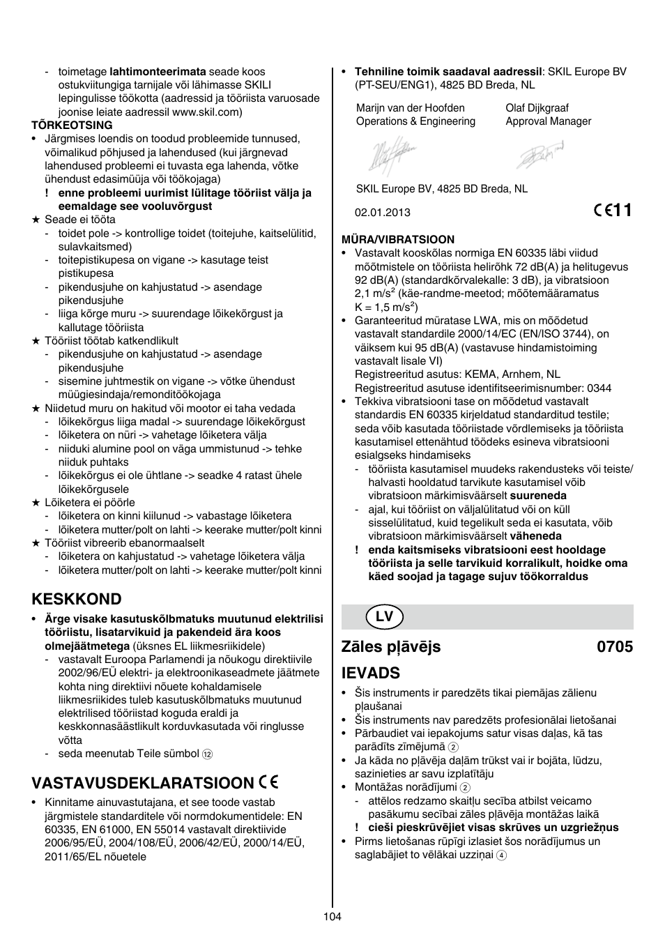 Keskkond, Vastavusdeklaratsioon, Zāles pļāvējs 0705 ievads | Skil 0705 RA User Manual | Page 104 / 132