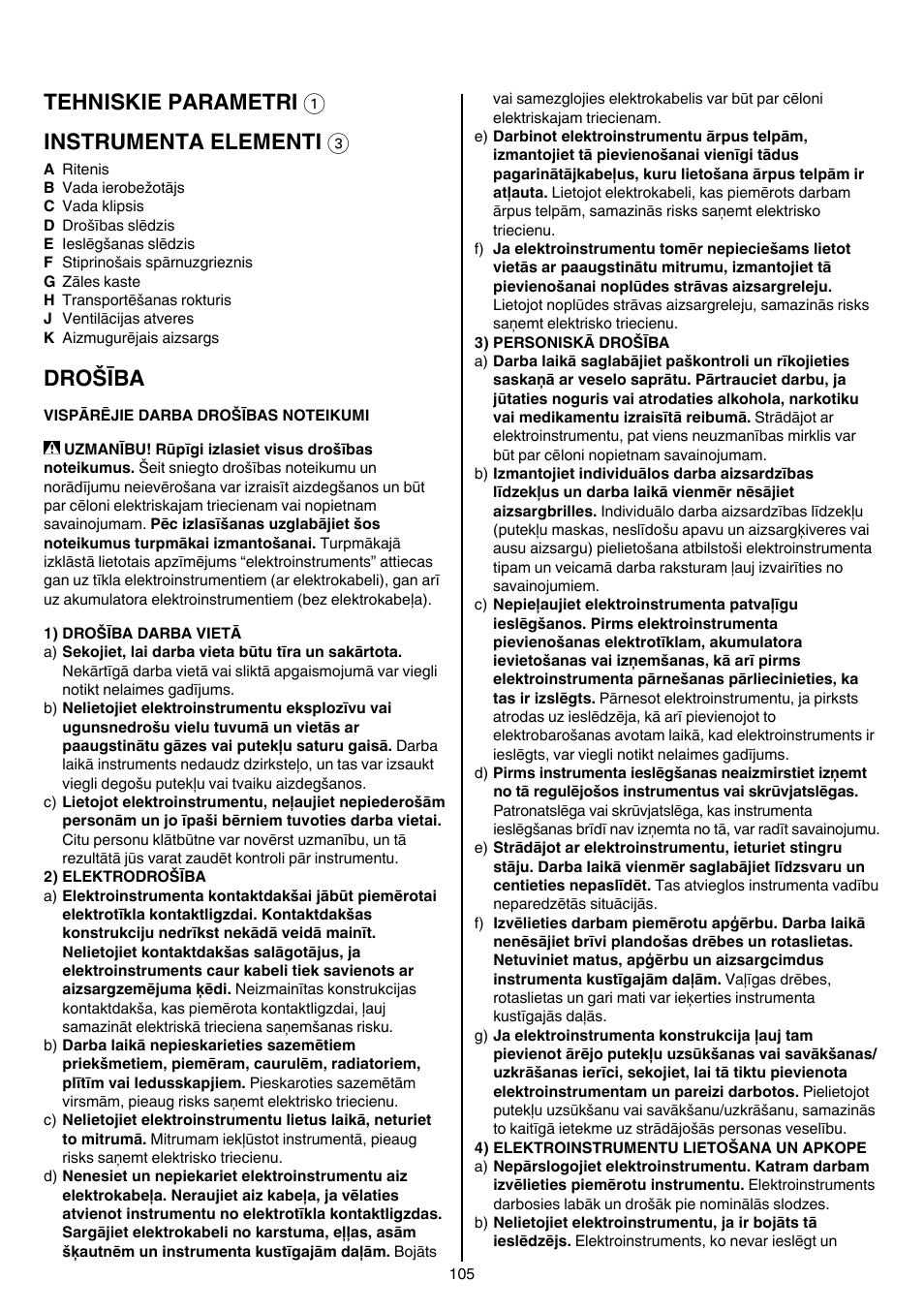 Tehniskie parametri 1 instrumenta elementi 3, Drošība | Skil 0705 RA User Manual | Page 105 / 132