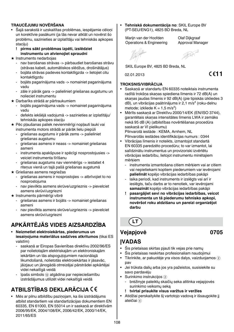 Apkārtējās vides aizsardzība, Atbilstības deklarācija, Vejapjovė 0705 įvadas | Skil 0705 RA User Manual | Page 108 / 132