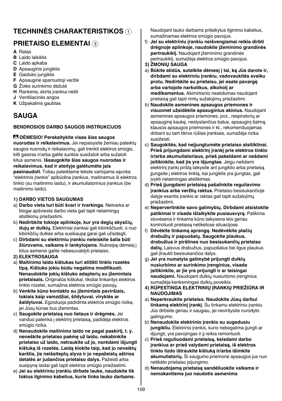 Techninės charakteristikos 1 prietaiso elementai 3, Sauga | Skil 0705 RA User Manual | Page 109 / 132