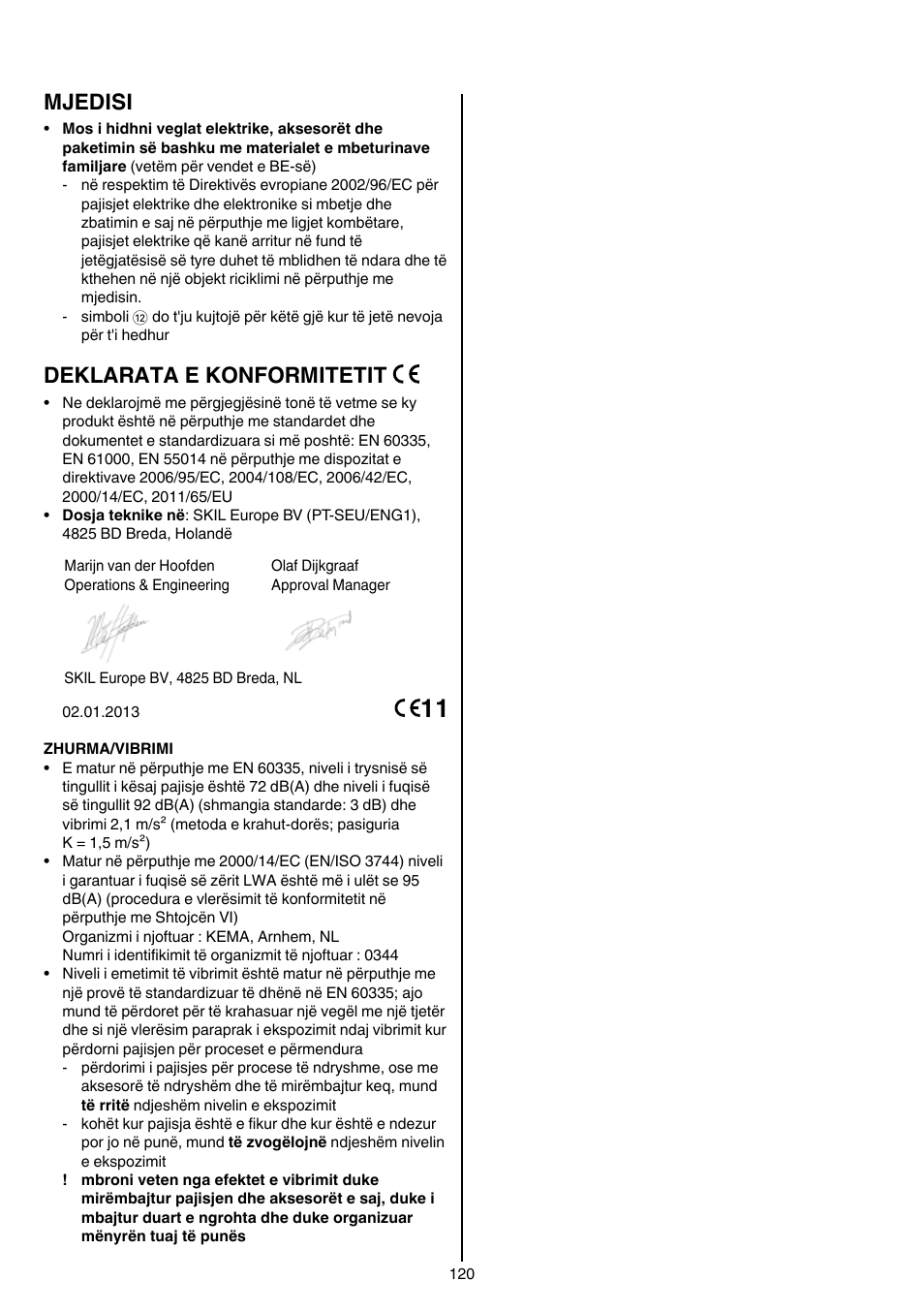 Mjedisi, Deklarata e konformitetit | Skil 0705 RA User Manual | Page 120 / 132