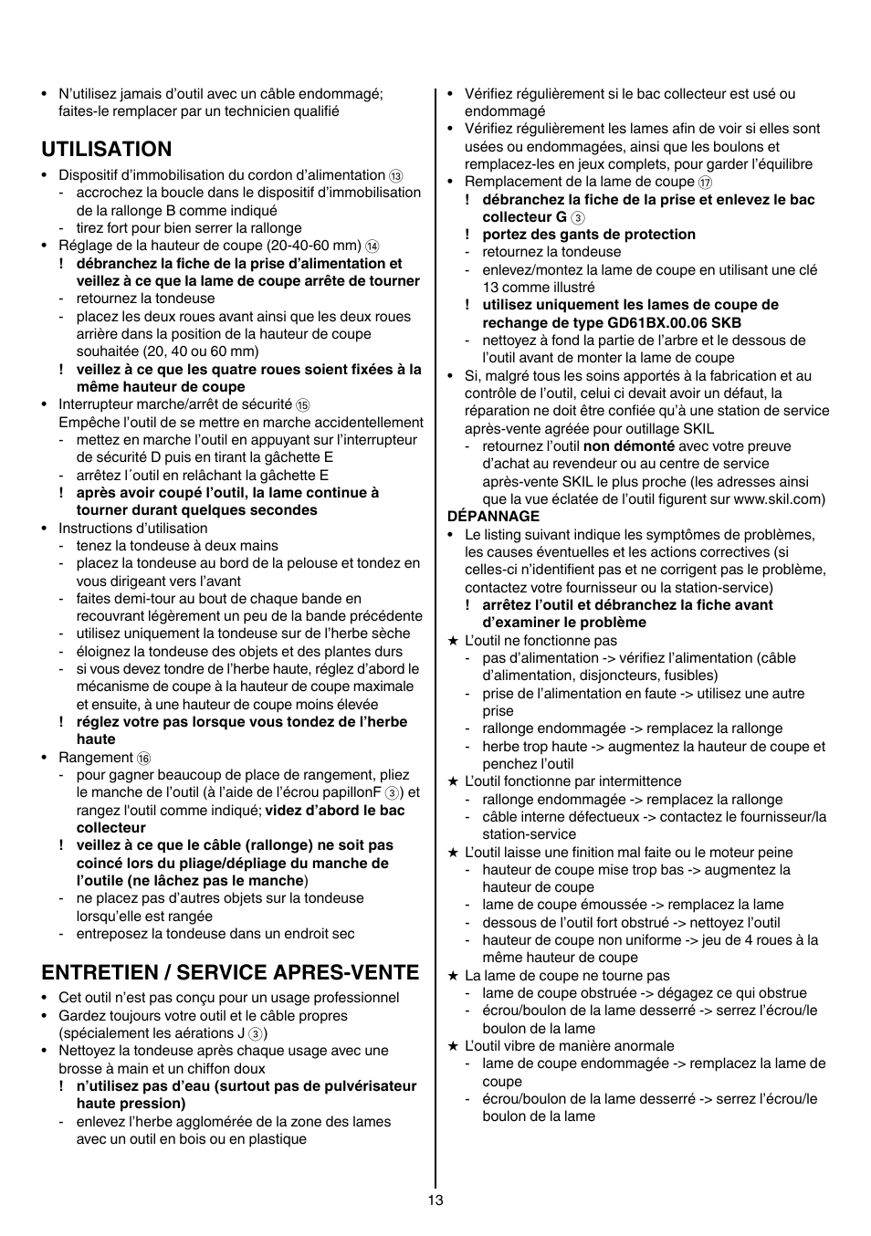Utilisation, Entretien / service apres-vente | Skil 0705 RA User Manual | Page 13 / 132