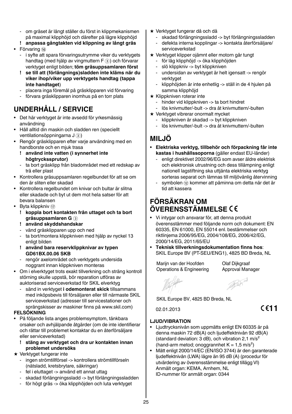 Underhåll / service, Miljö, Försäkran om överensstämmelse | Skil 0705 RA User Manual | Page 25 / 132