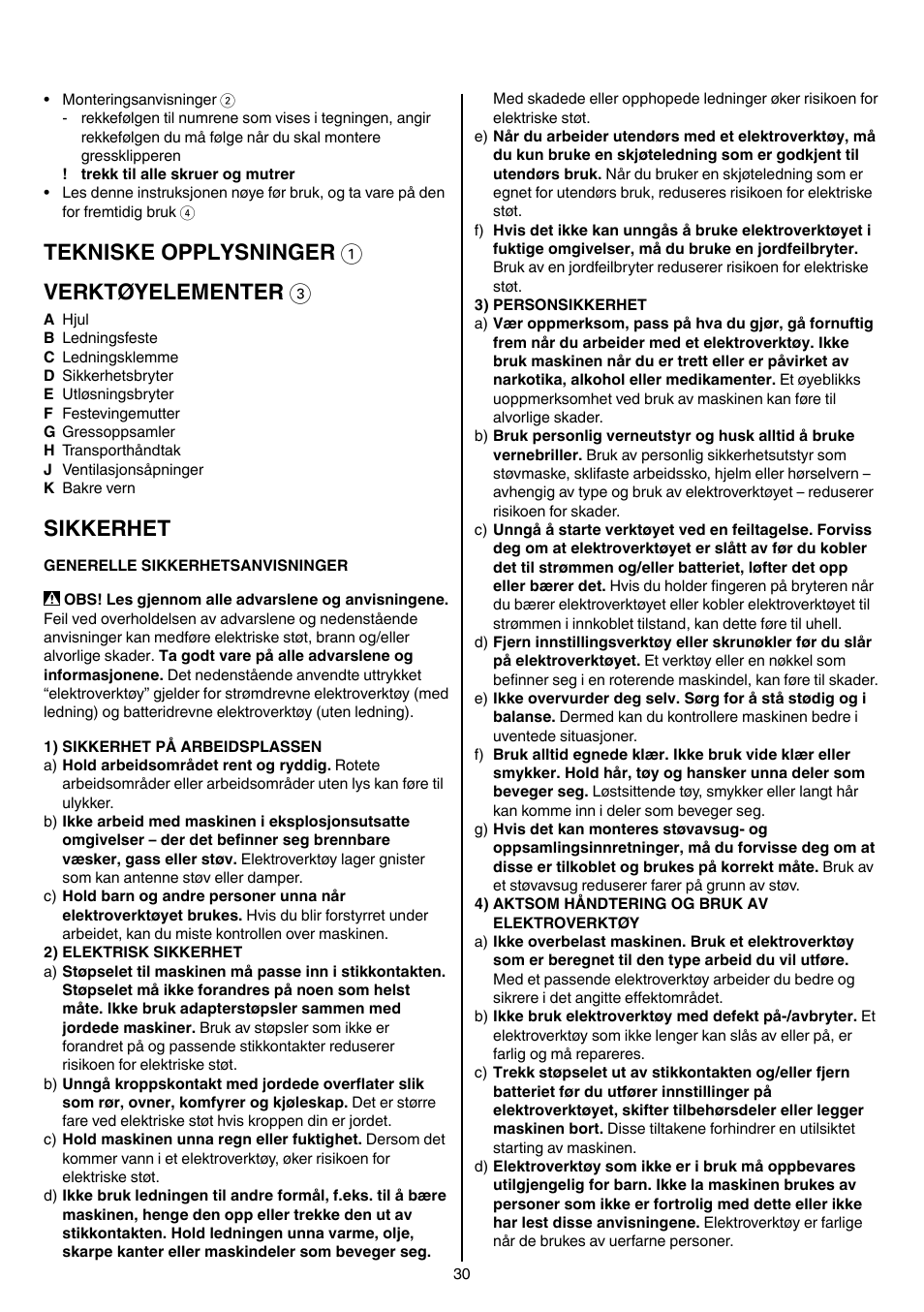 Tekniske opplysninger 1 verktøyelementer 3, Sikkerhet | Skil 0705 RA User Manual | Page 30 / 132