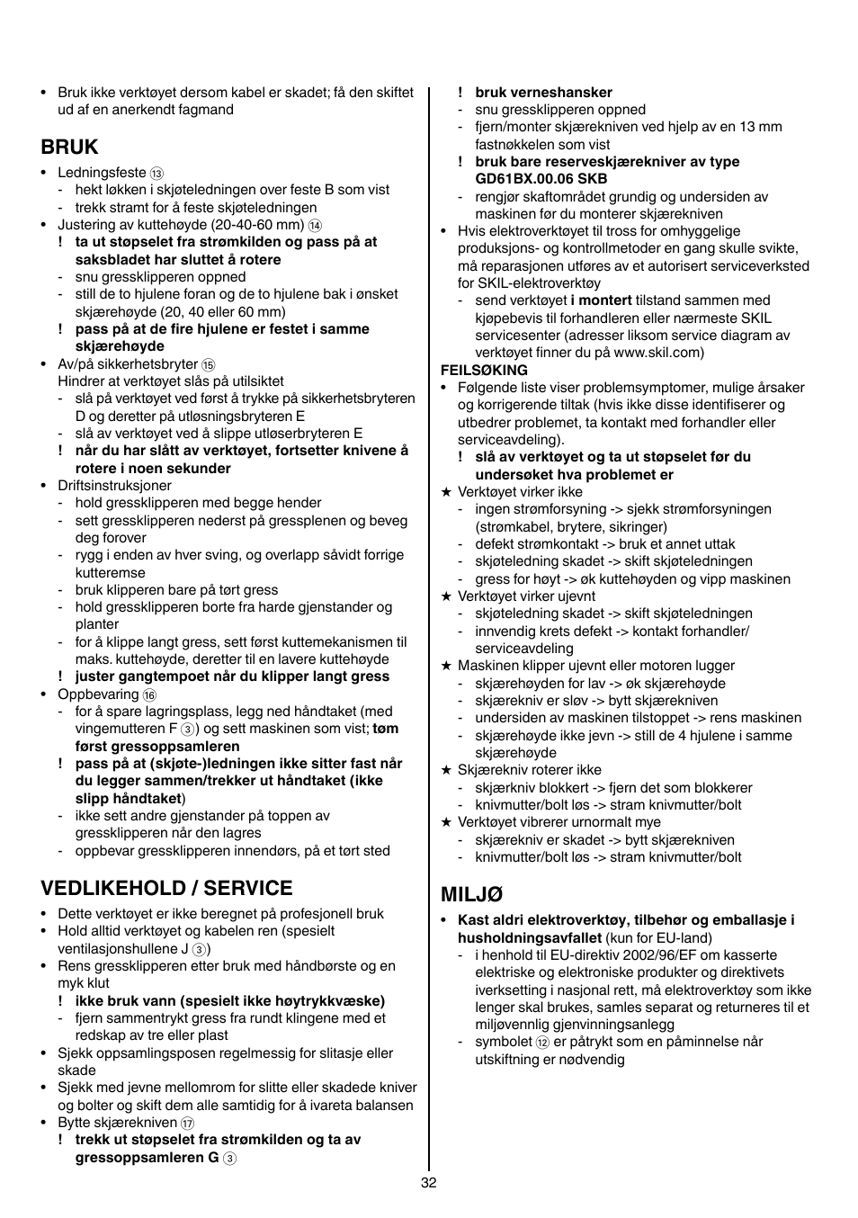Bruk, Vedlikehold / service, Miljø | Skil 0705 RA User Manual | Page 32 / 132